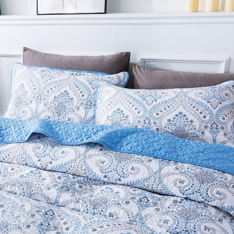 NEWLAKE Cotton Bedspread Quilt Sets-Reversible Patchwork Coverlet Set, Blue Classic Royal Pattern, King Size - Image 3